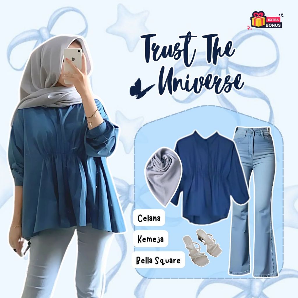 one set outfit 3 in 1 kemeja + jeans cutbray + bella square | ootd outfit cewek wanita anak perempua