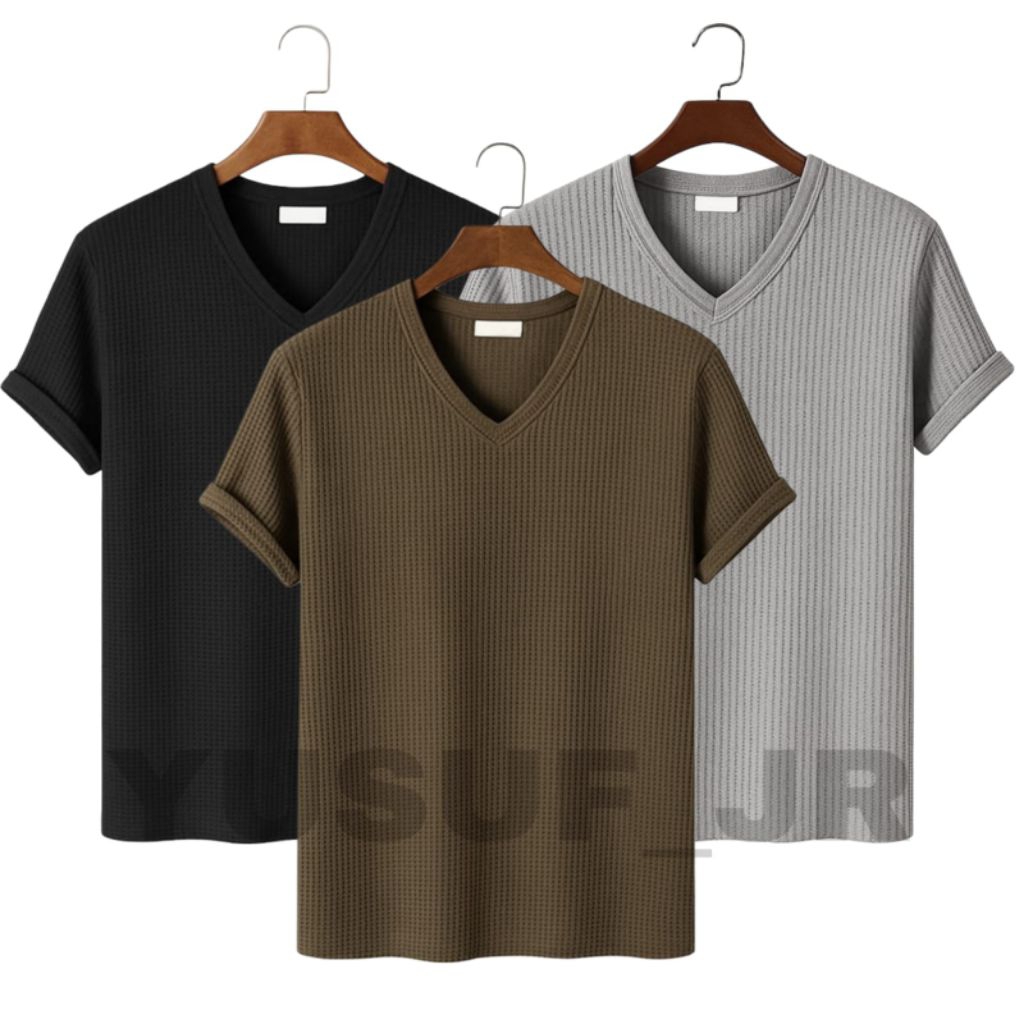 Baju Atasan Pria/wanita lengan pendek bahan waffle knit berkerah V-Neck