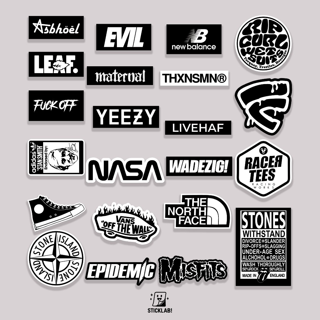 

Sticker Pack BRAND VOL 03 Aesthetic Vynil Potongan KissCut Tumblr Helm Laptop BLACK & WHITE