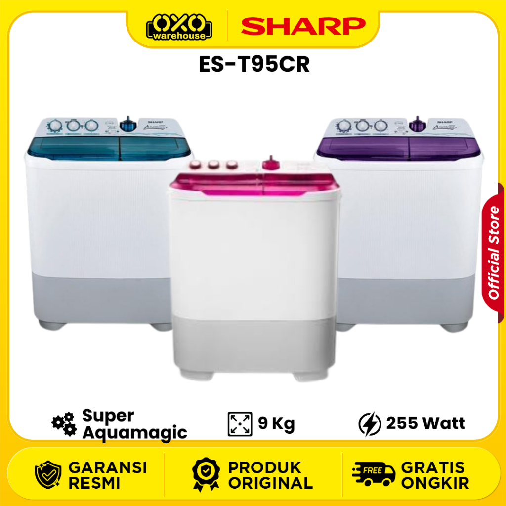 SHARP Mesin Cuci ES T95CR PK/BK/VK | 9kg Twin Tub Super Aquamagic Series Garansi Resmi