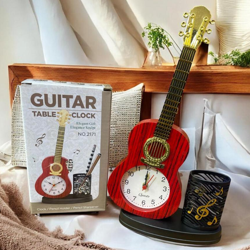 Jam Beker Weker Murah  Alarm Gitar Kayu Tempat Pensil / Ada Serutan Pensil / Jam Meja Alarm