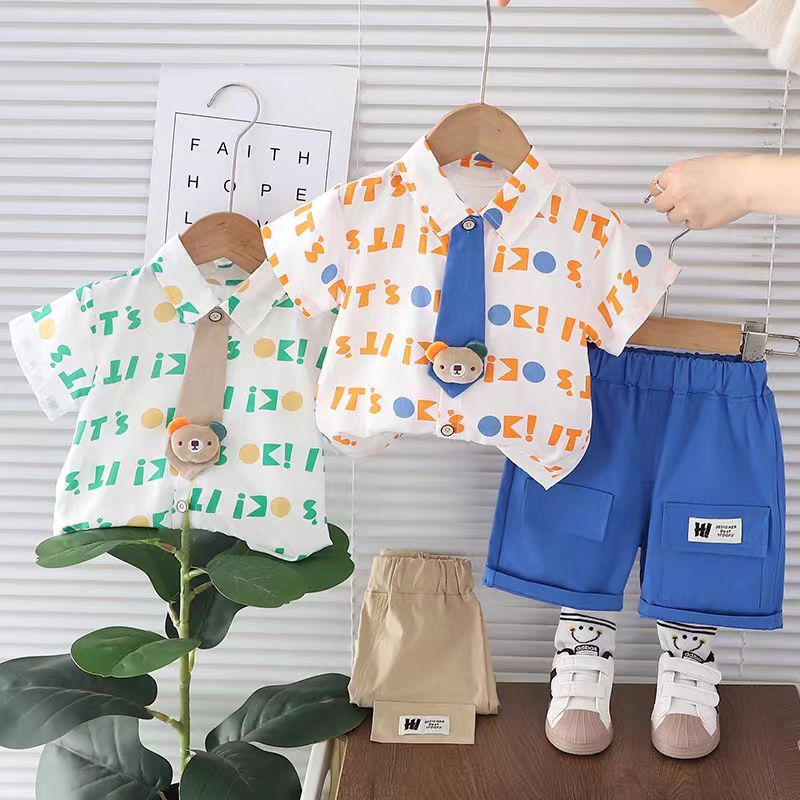 Setelan Anak Laki Laki Motif Dasi Usia 6Bulan-5 Tahun/Setelan Bayi Laki-Laki Lengan Pendek