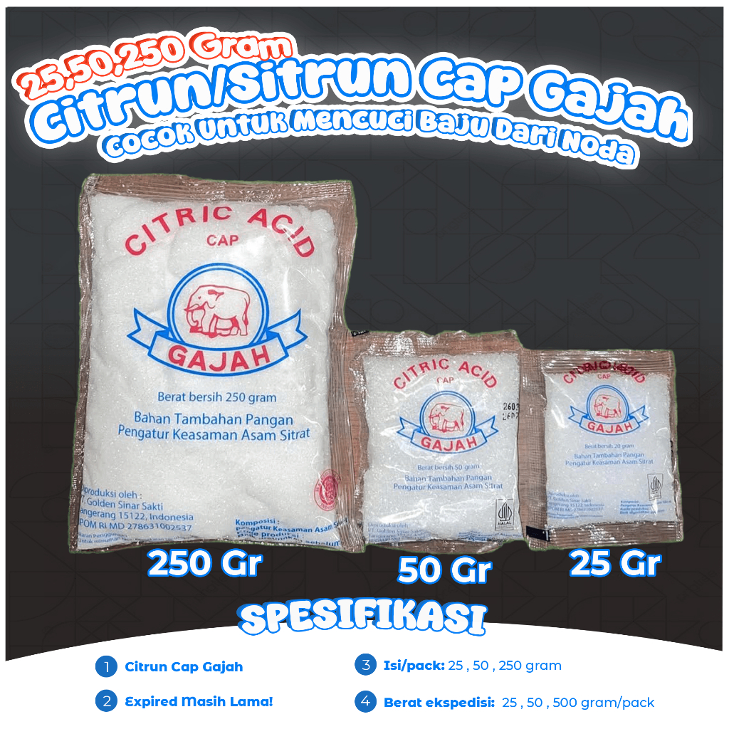 

Citric Acid Cap Gajah 250 Gram Per Sachet / Asam Citrun / Sitrun / Pemutih