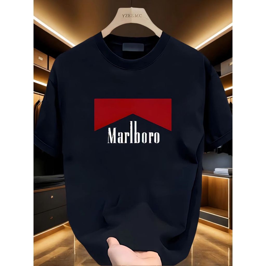 2025 musim panas baru Marlboro mencetak kaos katun lengan pendek pria longgar seratus tren atasan le