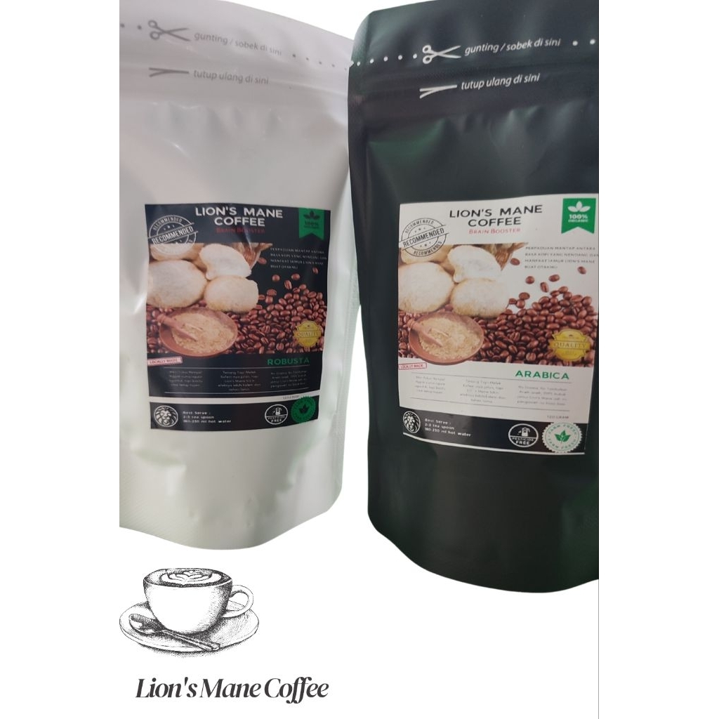 

50 gram kopi Lions Mane komposisi 80% bubuk kopi 20% bubuk jamur lions mane