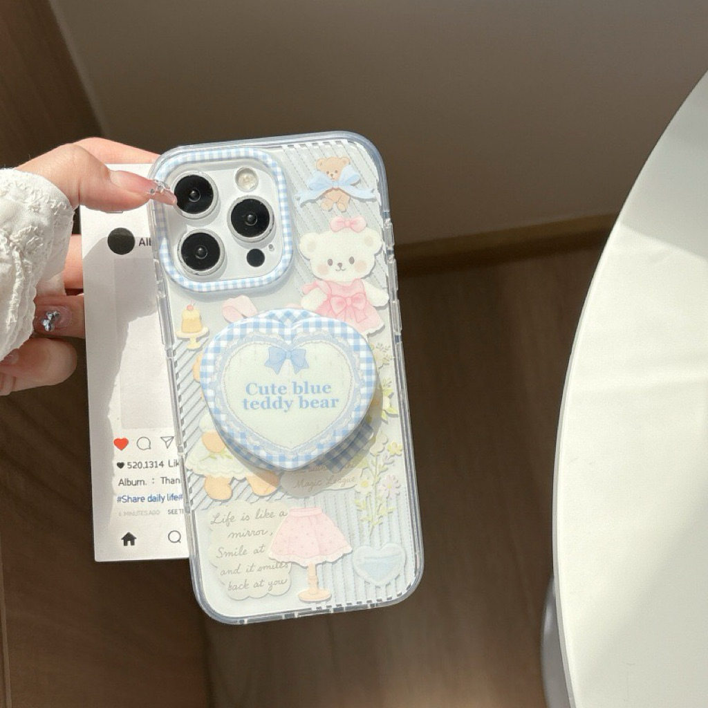 Cute Blue Teddy Bear Magsafe Popsocket Case Iphone 13 14 15 16 Pro Promax