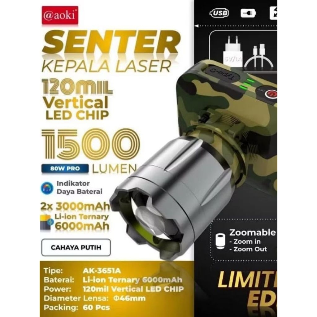 AOKI SENTER KEPALA LED ZOOM ARMY 1500LUMEN 80WAT AK-3651A