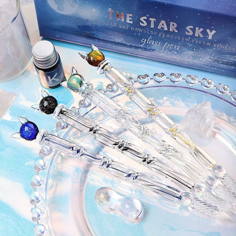 

Starry Sky Cat Glass Pen Dip Set Crystal Pen Cute Gift Box Student Creative Ink Pen Glass Pen
