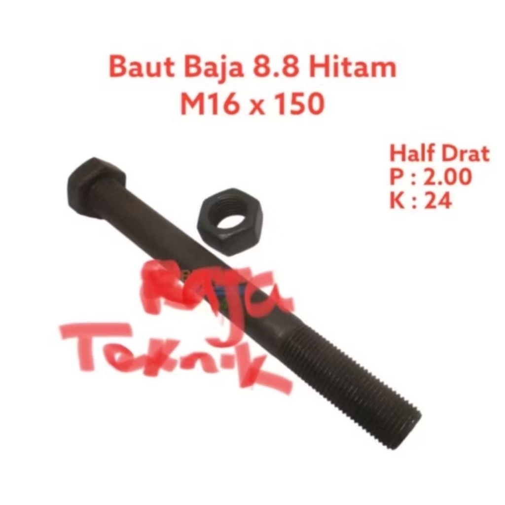 baut mur baja 8.8 ukuran M16 x 50 mm kunci 24 drat pitch 2.0 drat kasar / baut baja M16X50 mm / baut