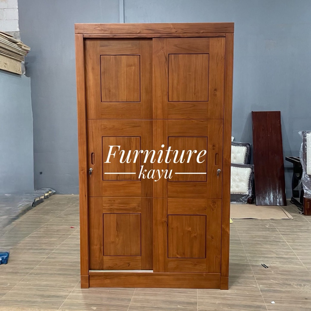 lemari pakaian minimalis 2 pintu sliding kayu jati, lemari pakaian kayu jati, lemari pakaian