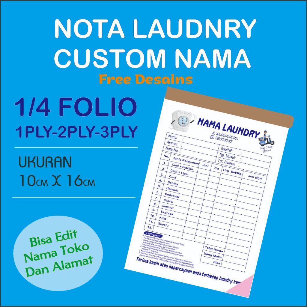 

Nota Laundry Custom Penjualan Bisa Ganti Nama Usaha 1/4 folio 1ply 2ply 3ply