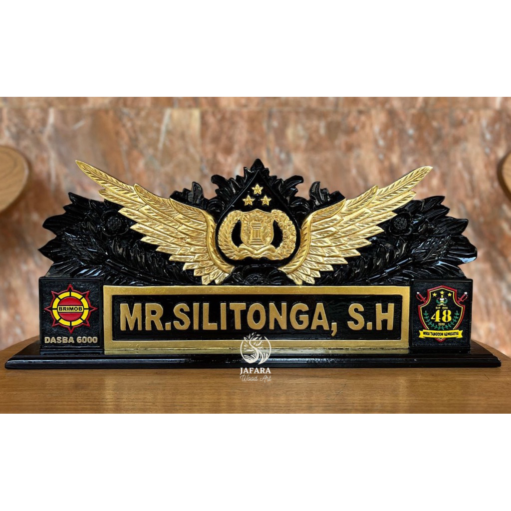 

Papan Nama Meja Jabatan Ukir Kayu Jati Custom Logo