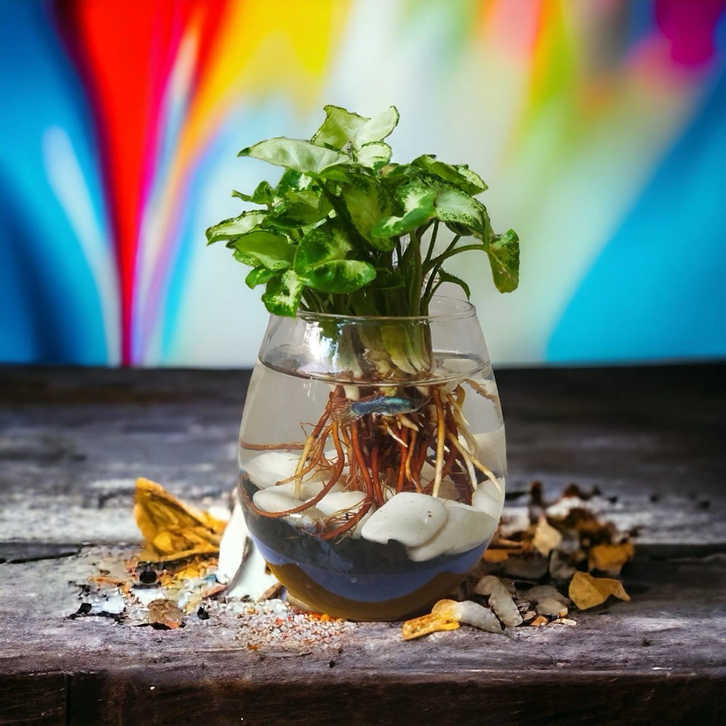 paket lengkap singonium mini asli dengan vas gelas cantik unik fullset dengan ikan hias