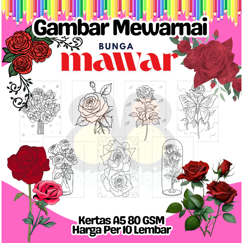 

10 Lembar Kertas A5 Gambar Mewarnai Tema BUNGA MAWAR ROSE Termurah - Anak Anak TK SD PAUD Remaja