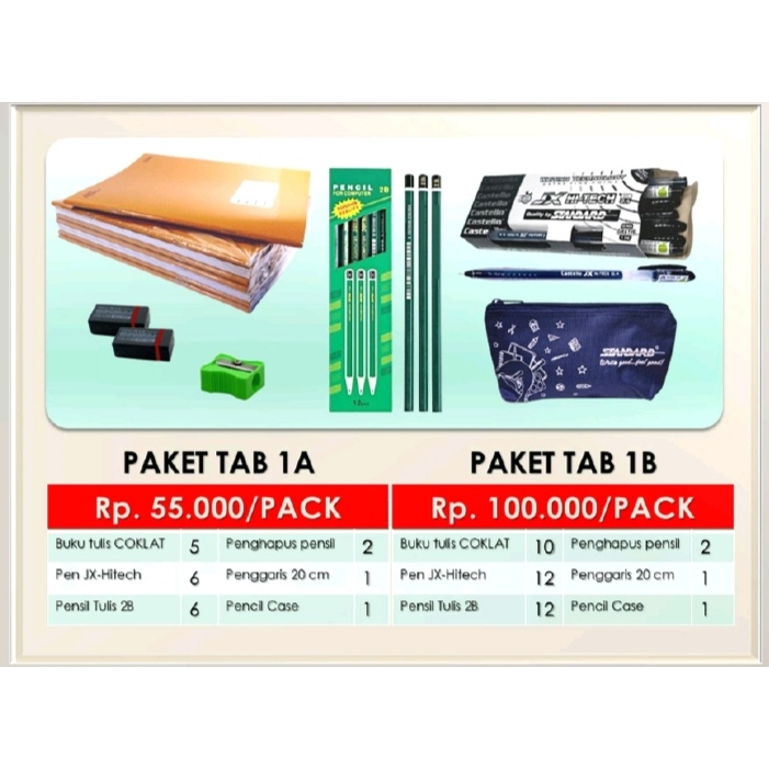 

Standard - Paket TAB 1A / 1B ( Alat Tulis, Buku, Pensil, Pulpen, Penghapus, Rautan, Penggaris, Pencase )