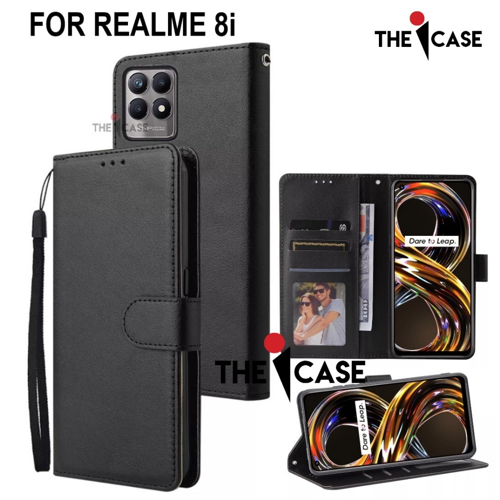Casing realme 8i model flip buka tutup case kulit ada tempat foto dan kartu juga tali hp flip cover