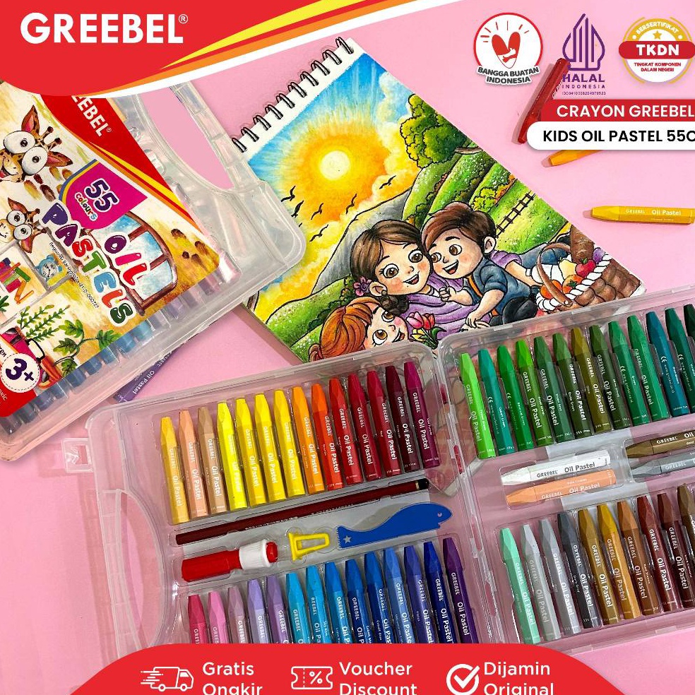 

KODE Q74F GREEBEL Crayon Krayon 55 Warna KIDS Oil Pastel Crayon 55 Warna KOP55 Crayon Set Greebel Mewarnai