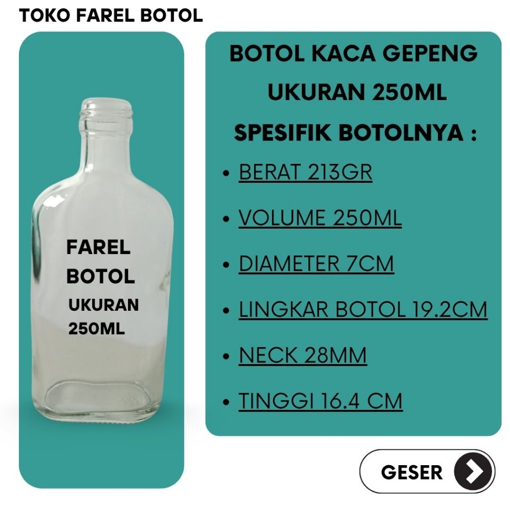 Botol kaca gepeng 250ml