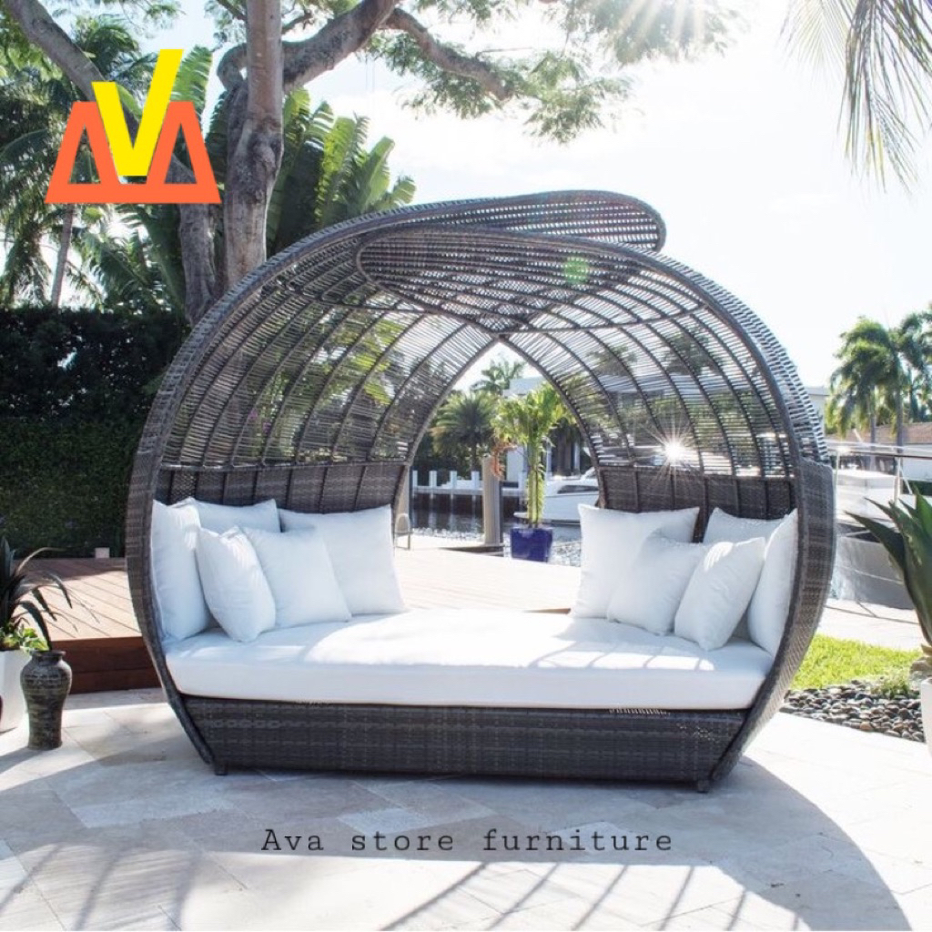 daybed rotan sintetis outdoor / daybed sofa taman outdoor/ gazebo rotan sintetis outdoor/ pargola ou