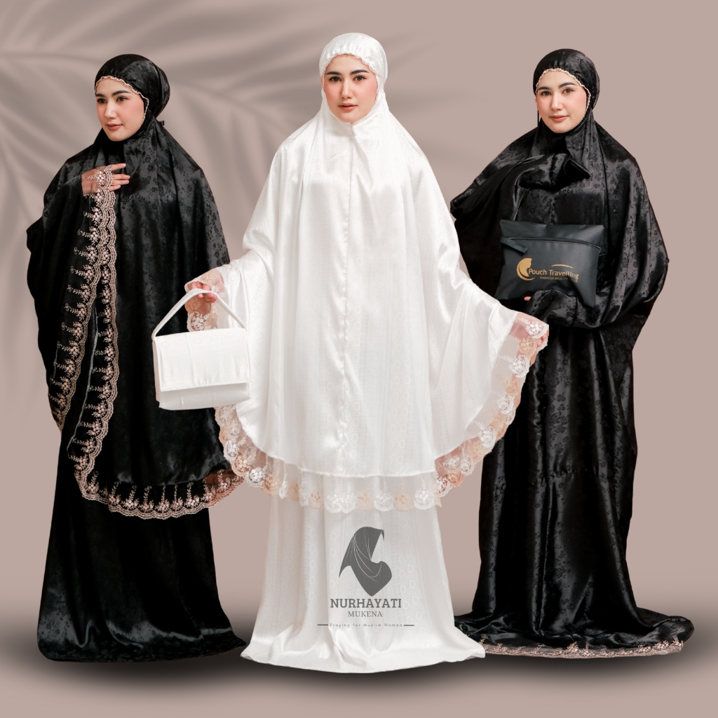 Mukena Terusan Jumbo Dewasa Model Terbaru Traveling Kekinian Renda Set Tas Premium Jaguar Silk - NUR