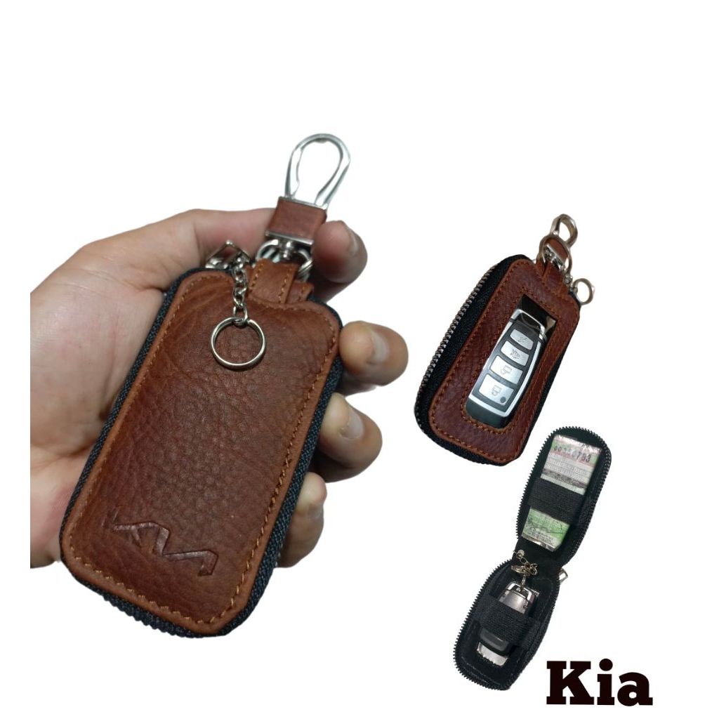 Gantungan kunci remote keyless mobil KIA kulit asli dobel karet dompet stnk