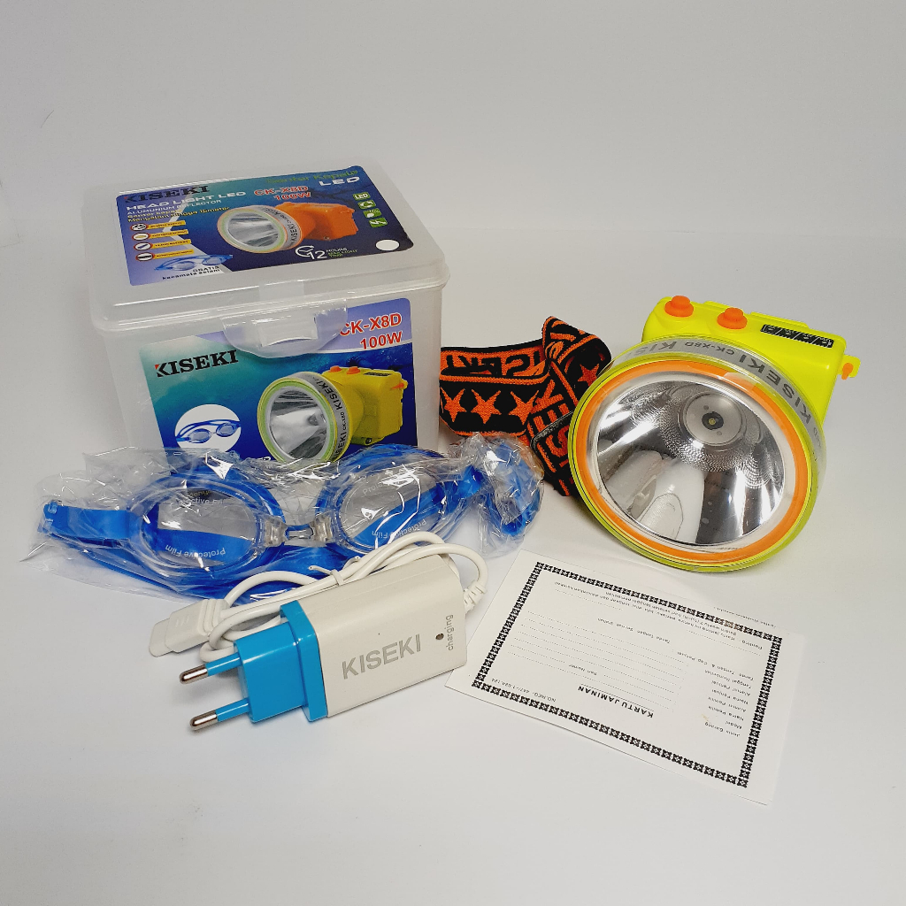SENTER KEPALA SELAM KISEKI CK X8D 100WATT TAHAN AIR CAHAYA PUTIH HEADLAMP DIVING BATERAI 4800MAH BON