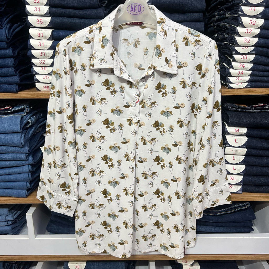 AKO - Kemeja Wanita AKO JEANS Motif Bunga bunga , Kemeja Motif kembang