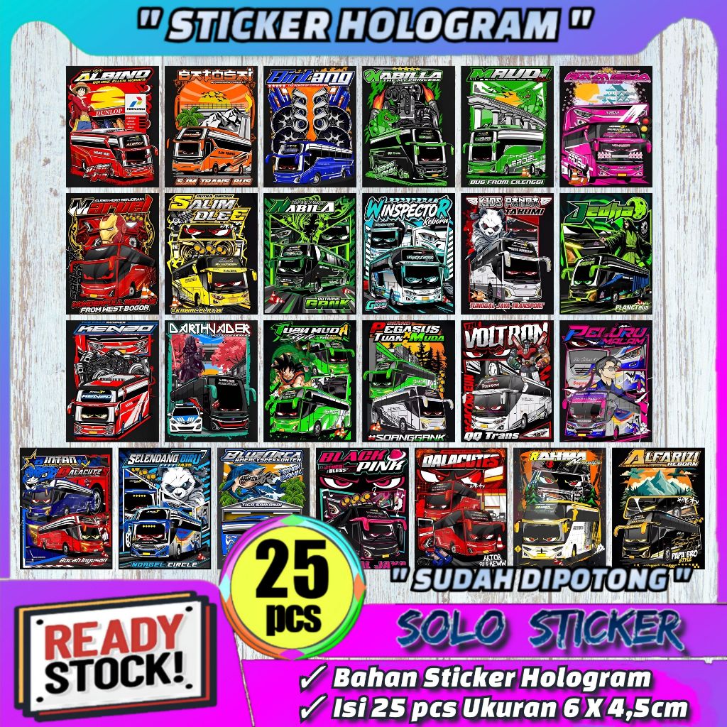 

Paket 25 pcs Sticker Bus Mania Telolet Basuri Hologram - Anti Air, Sudah Dipotong