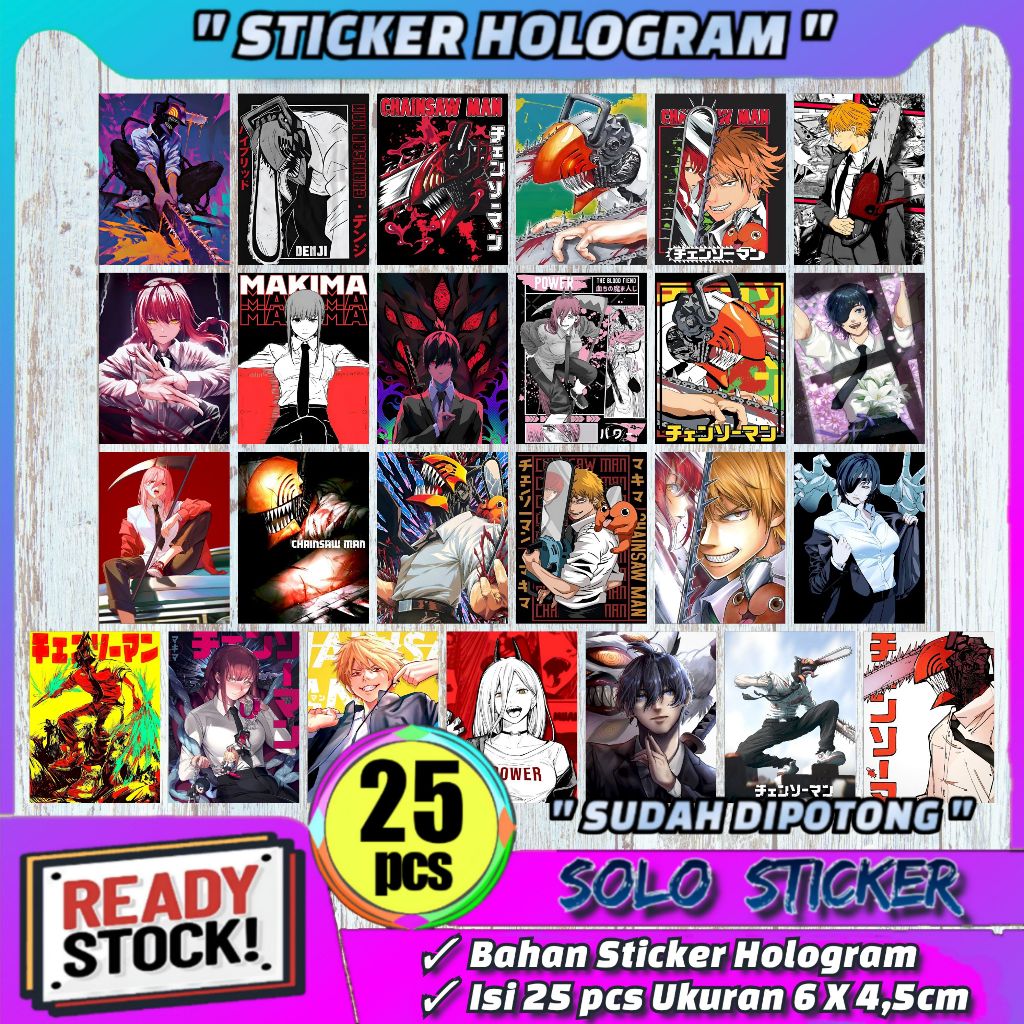 

Paket 25 pcs Sticker Anime Chain Saw Man Hologram - Anti Air, Sudah Dipotong