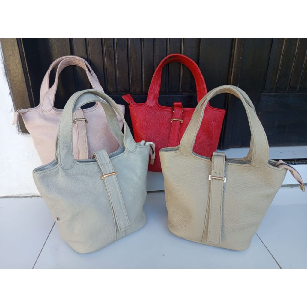 Tas picotin wanita tote bag tali selempang bahan kulit asli premium