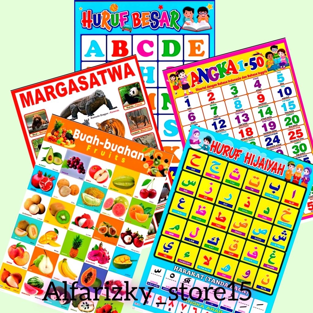 (Poster) Paket Hemat 5 Poster Edukasi Anak Huruf Besar, Margasatwa, Buah dan Lain"