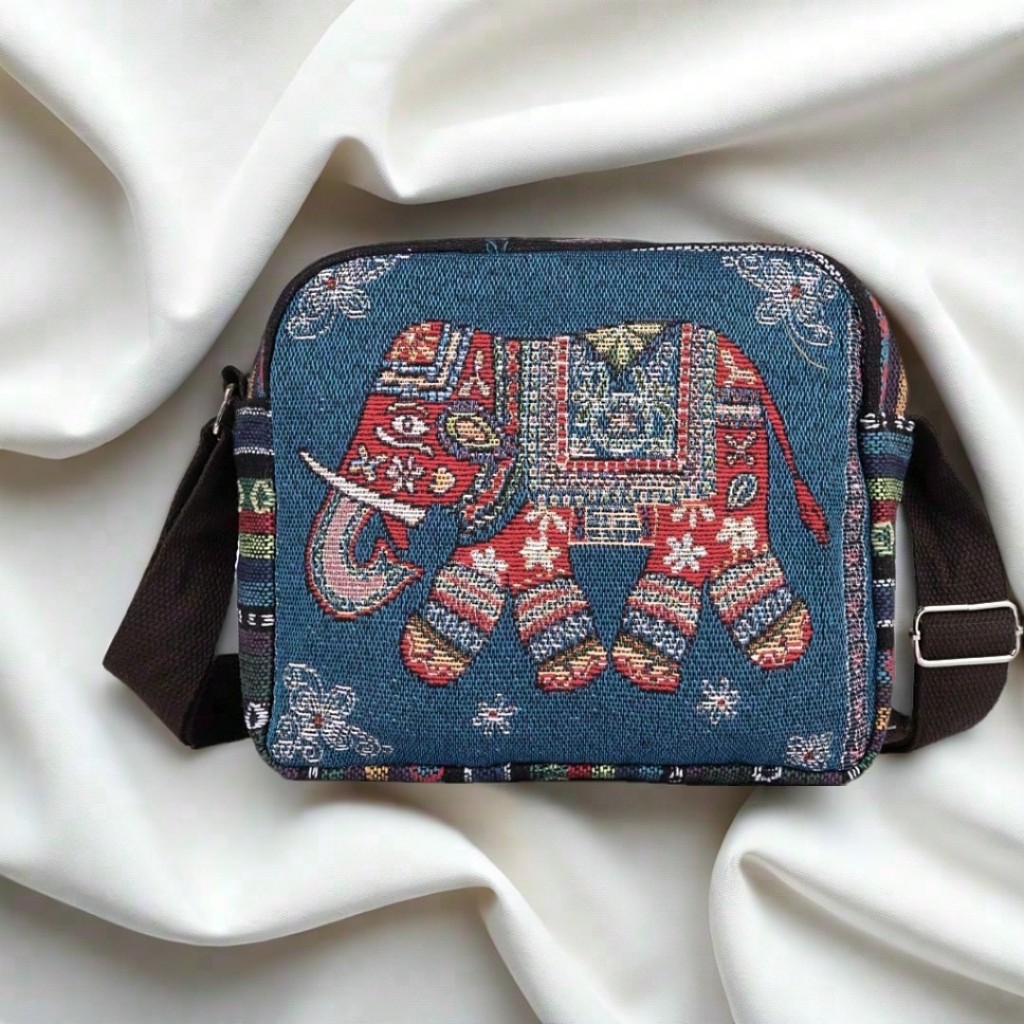 Tas selempang kanvas tenun motif 2 sisi tas thailand gambar gajah qualitas premium 1781