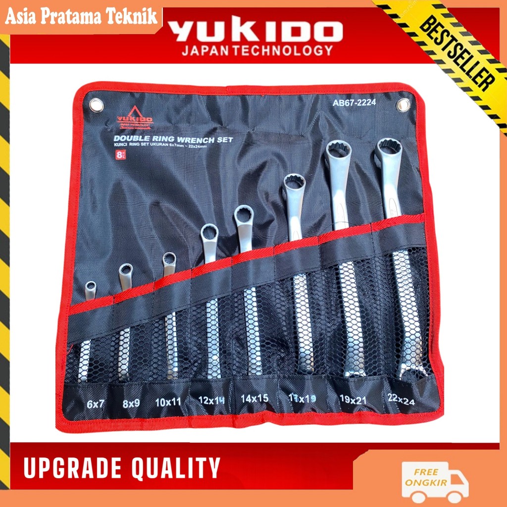 YUKIDO AB67-2224 Kunci Ring Set 8Pcs 6-24MM 12PT Chrome Vanadium Alat Pembuka Mur Baut -
