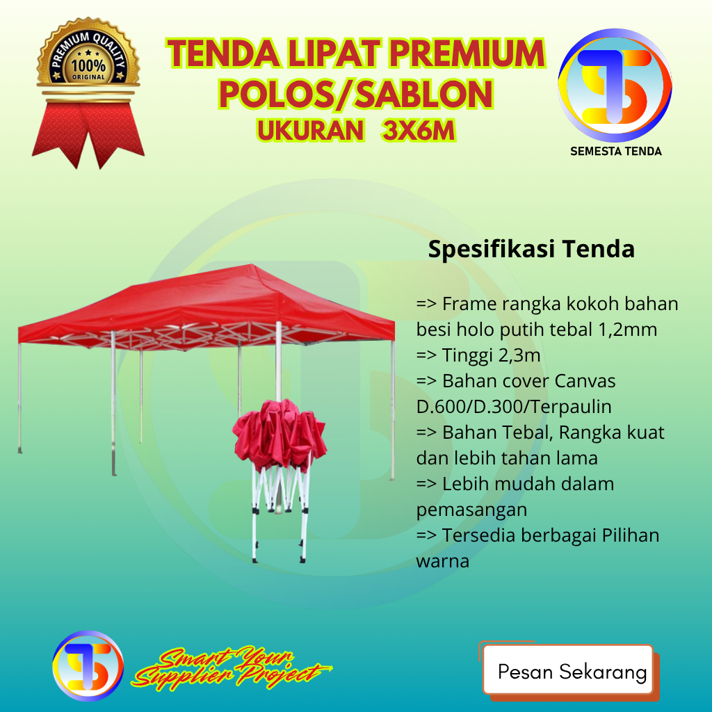 TENDA LIPAT PREMIUM UKURAN 3X6M POLOS/SABLON BAHAN RANGKA KUAT DAN TEBAL PRODUK IMPORT