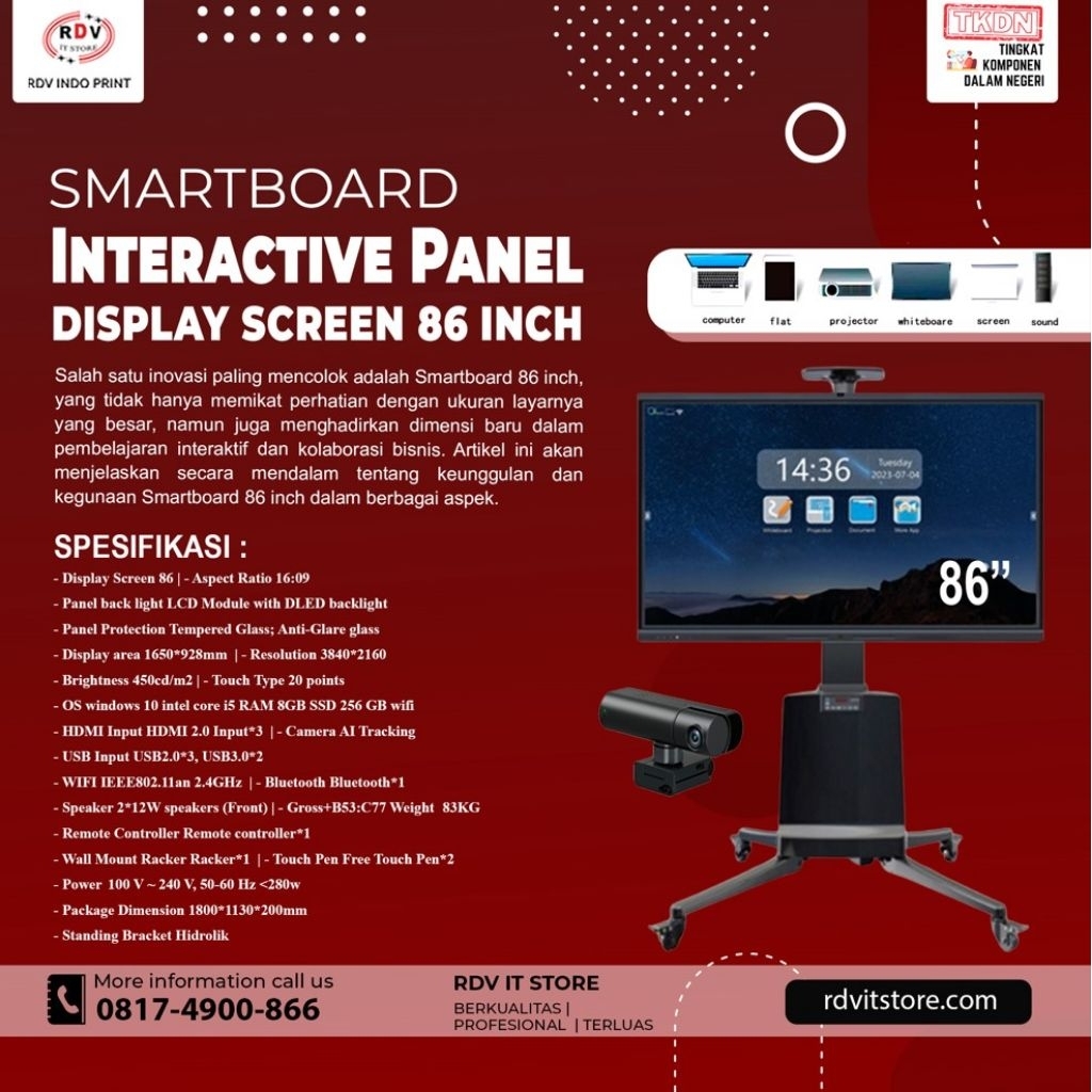 Smartboard Interactive Flat Panel 86 Inch Original Standing Bracket Hidrolik