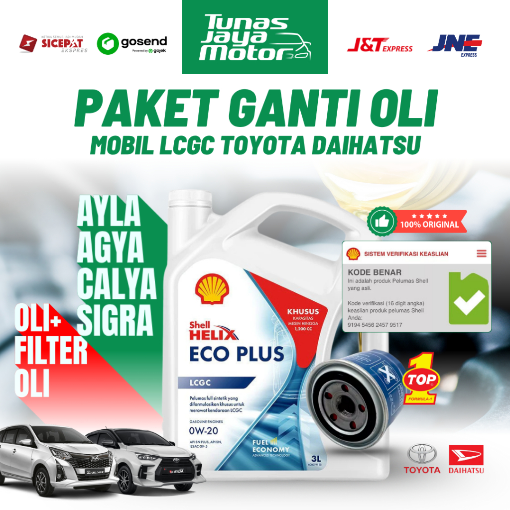 Paket Ganti Oli Mesin Mobil LCGC Shell Helix Eco Plus 0-20 + Filter Oli Top One untuk Mobil Toyota D