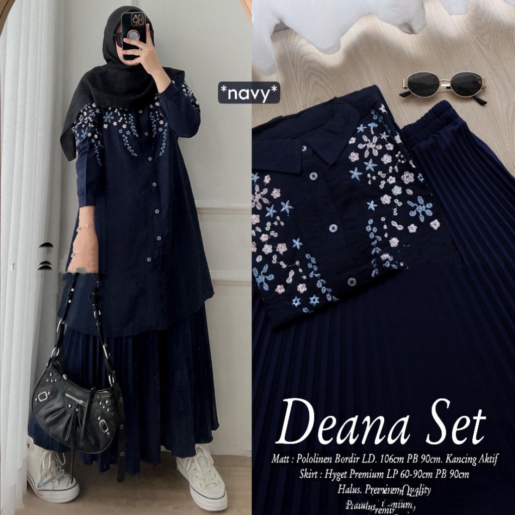 Baju Setelan Wanita Muslim Deana Set Rok Plisket Hyget Polos Atasan Tunik Polo Linen Bordir Cantik F