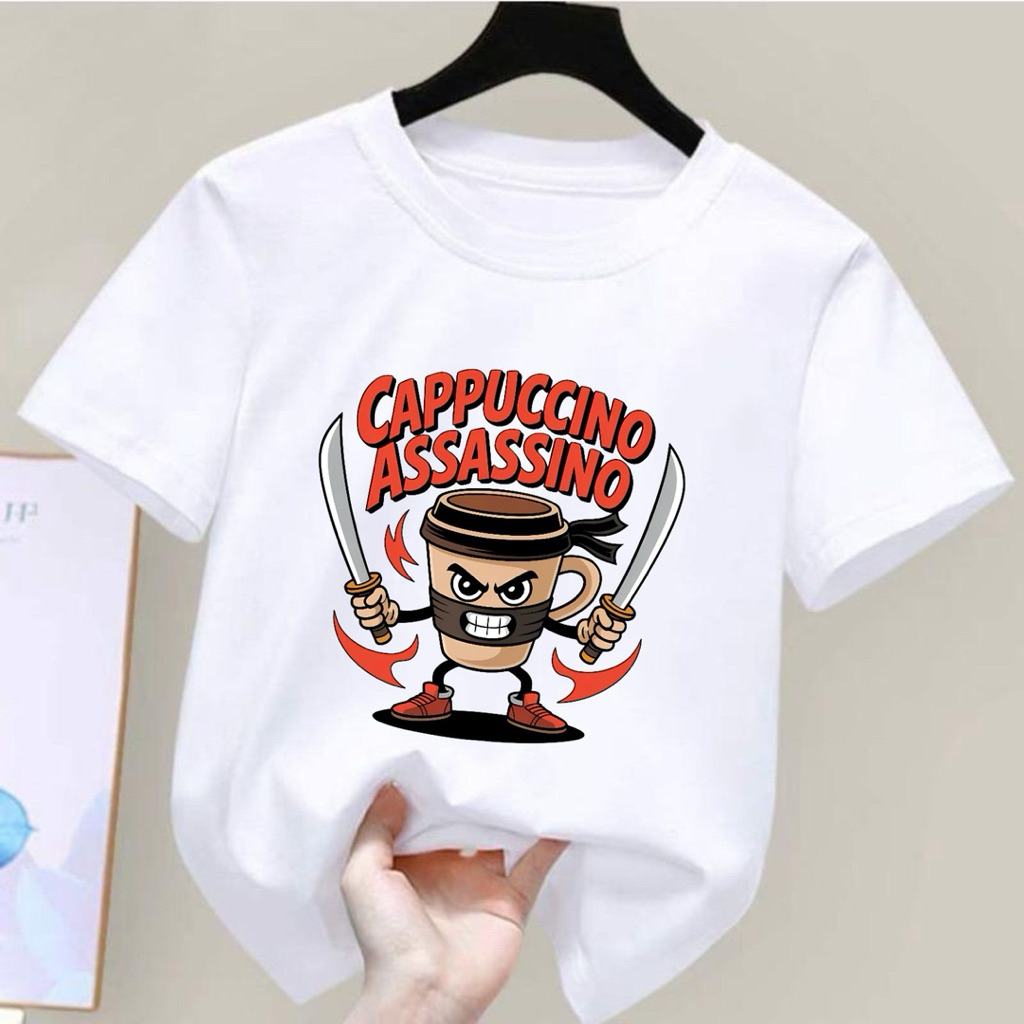 Kaos anak motif cappuccino assassino Baju anak cowok cewek umur 2-10thn lengan pendek