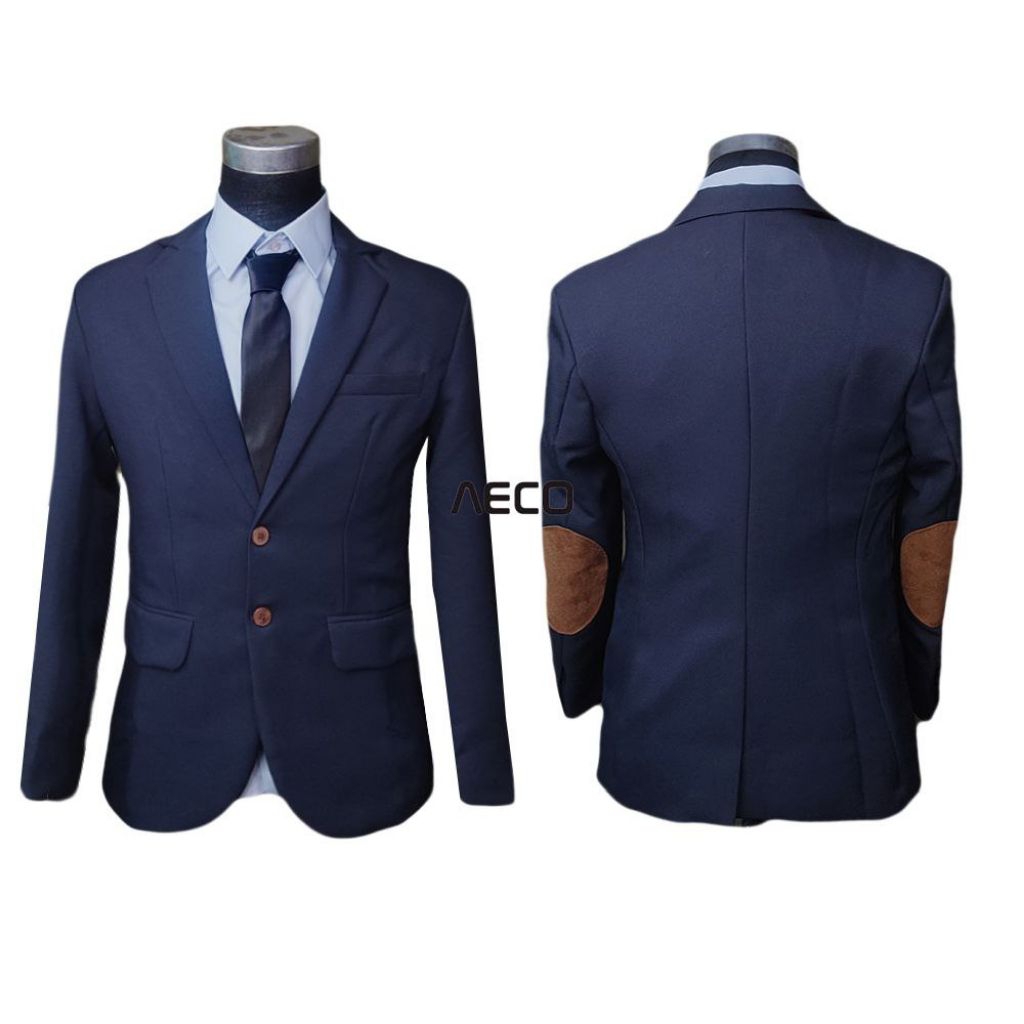 AECO Jas Blazer Pria Elbow Navy Casual Slim Fit