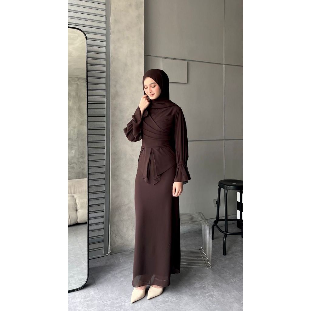Ameena Dress Mahogany Wanita Kondangan Terbaru 2025 Bahan Ceruty Babydoll Premium Ukuran Jumbo LD 12