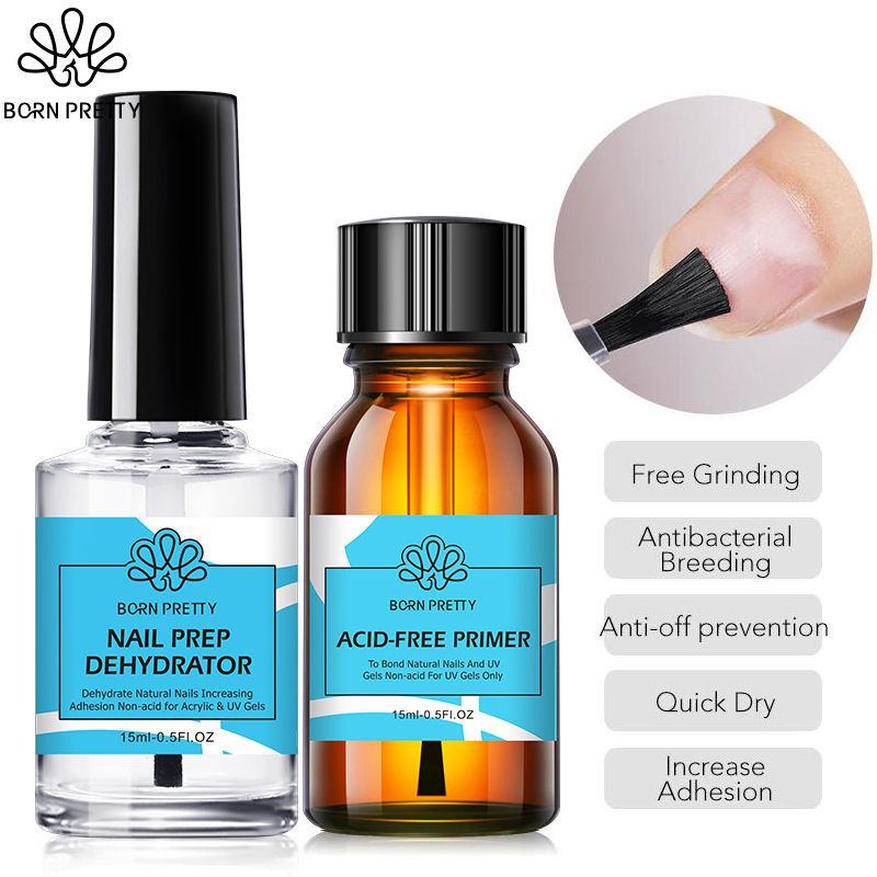 BORN PRETTY Natural Prep Dehydrator Primer Set Botol Kaca Cepat Kering Botol Kaca 15ml DIY Kuku Pra-