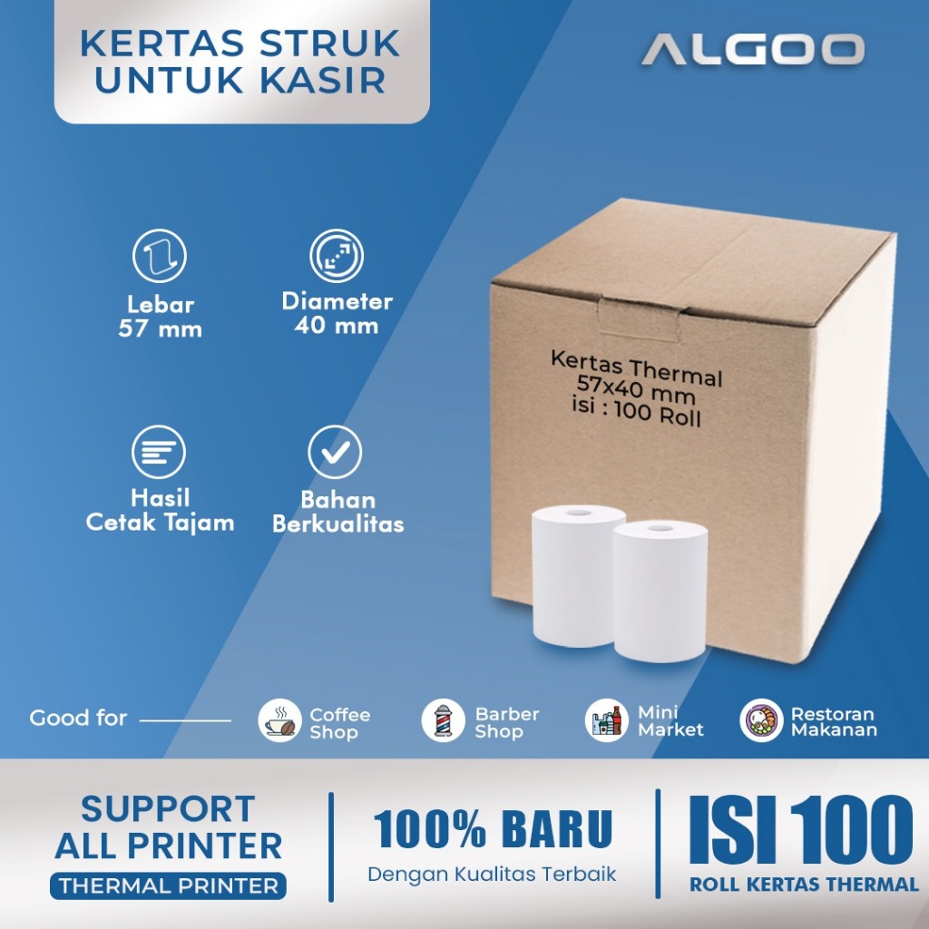 

ALGOO KERTAS STRUK THERMAL 57x40 mm (KARTON) Isi 100 Roll