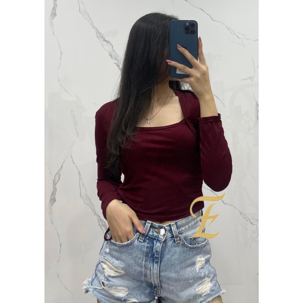 fenlisz / Crop Top Serut Samping Long Sleeve Wanita / Crop Top Serut Lengan Panjang Wanita / 6042