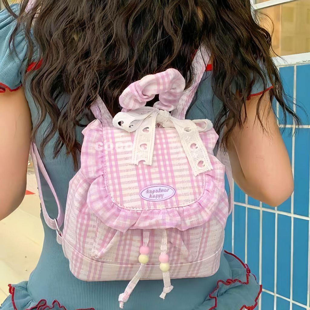 Tas Ransel Renda Sweet Cool Party /Tas Sekolah Wanita Korea/Tas Sekolah Y2k Kotak-Kotak Baru/Tas kom