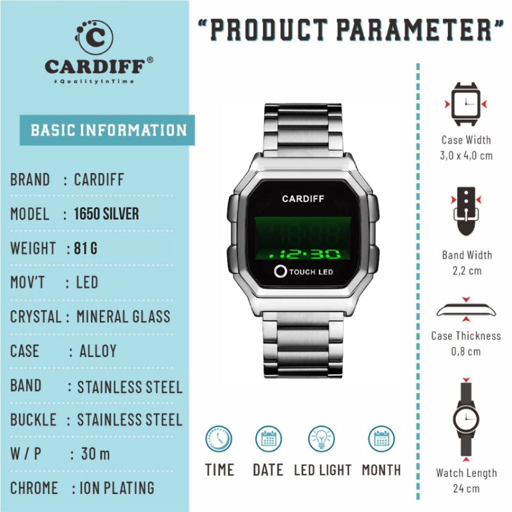WTT CARDIFF Jam tangan LED touch screen sport pria wanita 1650 Stainless Rantai Tahan Air unisex