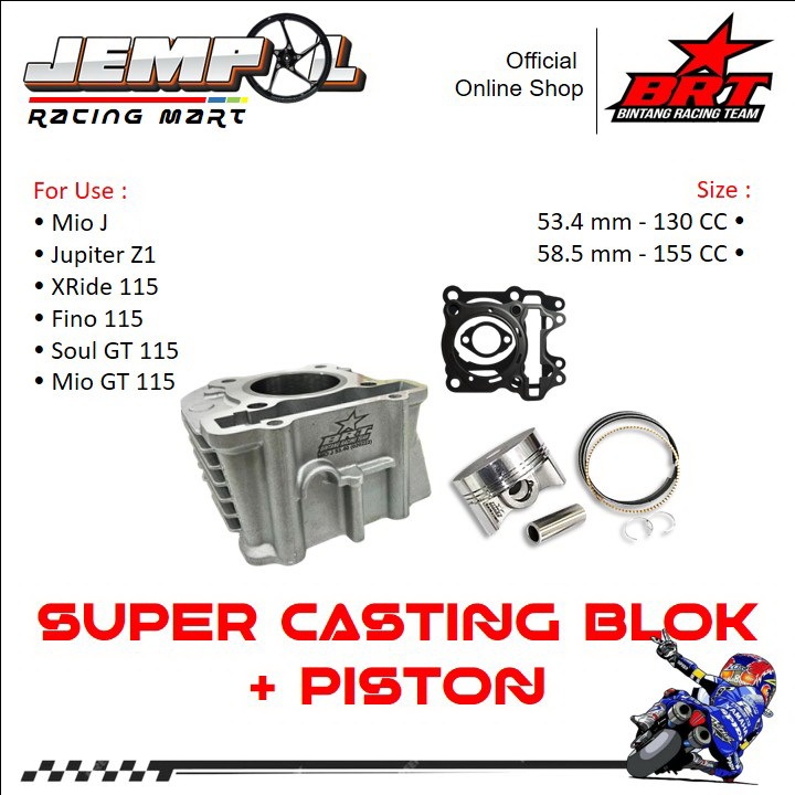 BRT Blok Cast Iron + Forged Piston Bore Up Mio J Jupiter Z1 XRide 115 Fino 115 Soul GT 53,4 58,5mm