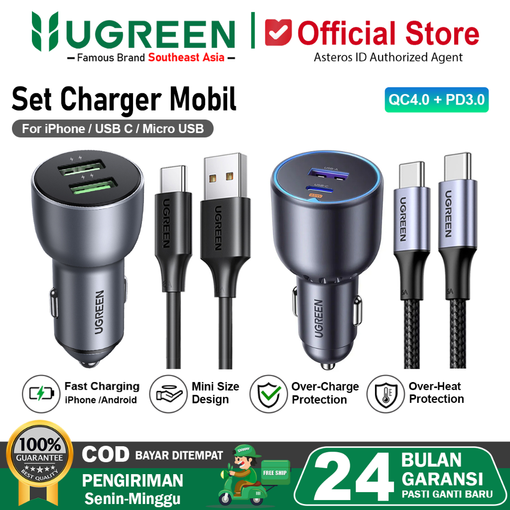 UGREEN Charger Mobil Fast Charging + Kabel iPhone Type C Micro USB 36W-130W