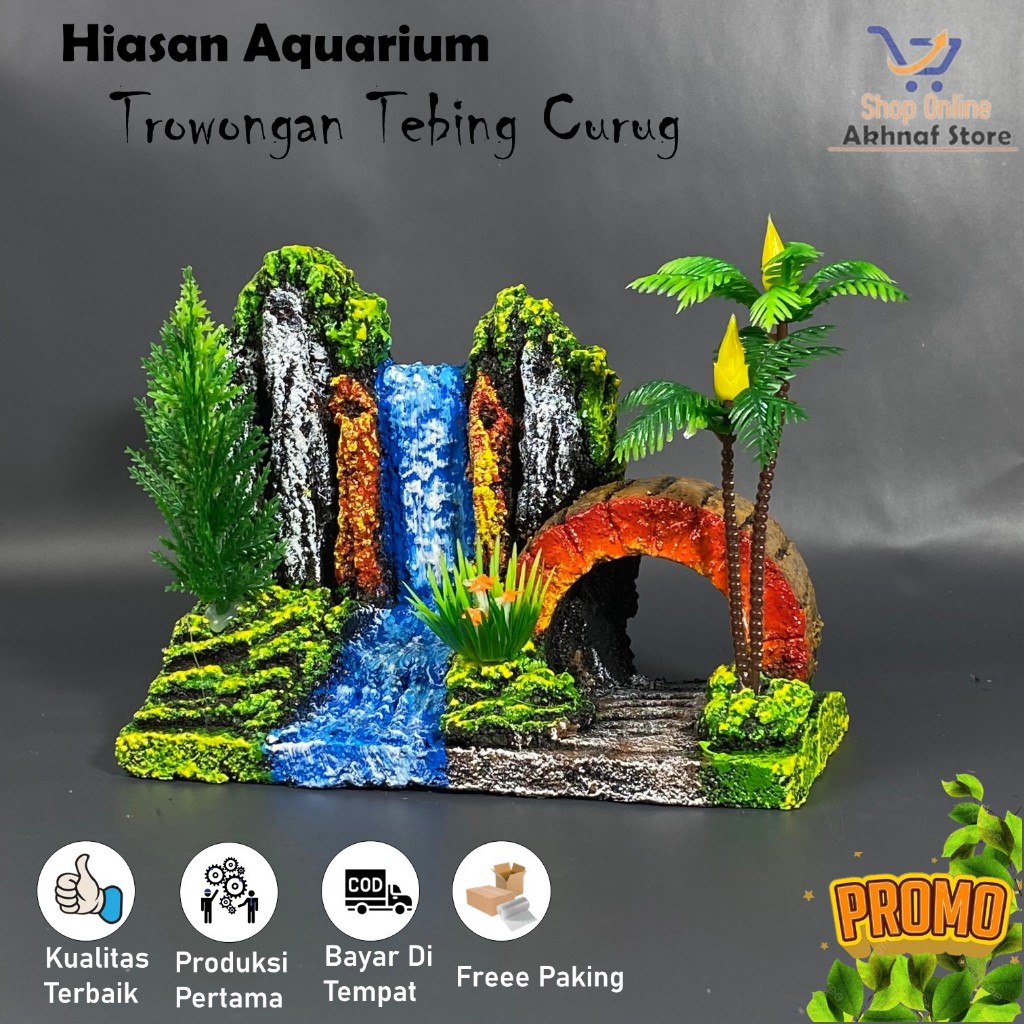 Hiasan Aquarium Terowongan Tebing Air Terjun Kelapa aquascape