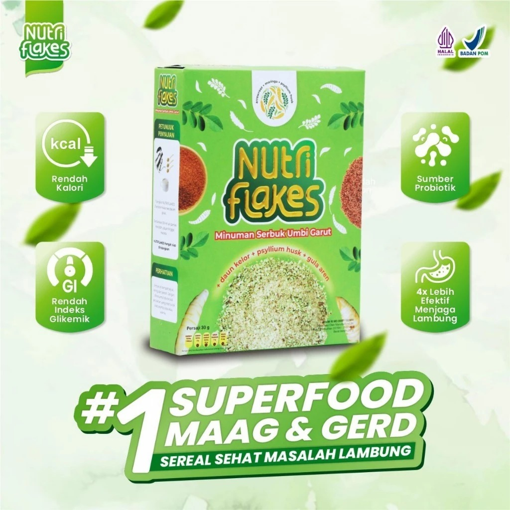 

Nutriflakes - Minuman Serbuk Umbi Garut ASLI 100% - Efektif Atasi Asam Lambung, Maag, Gerd