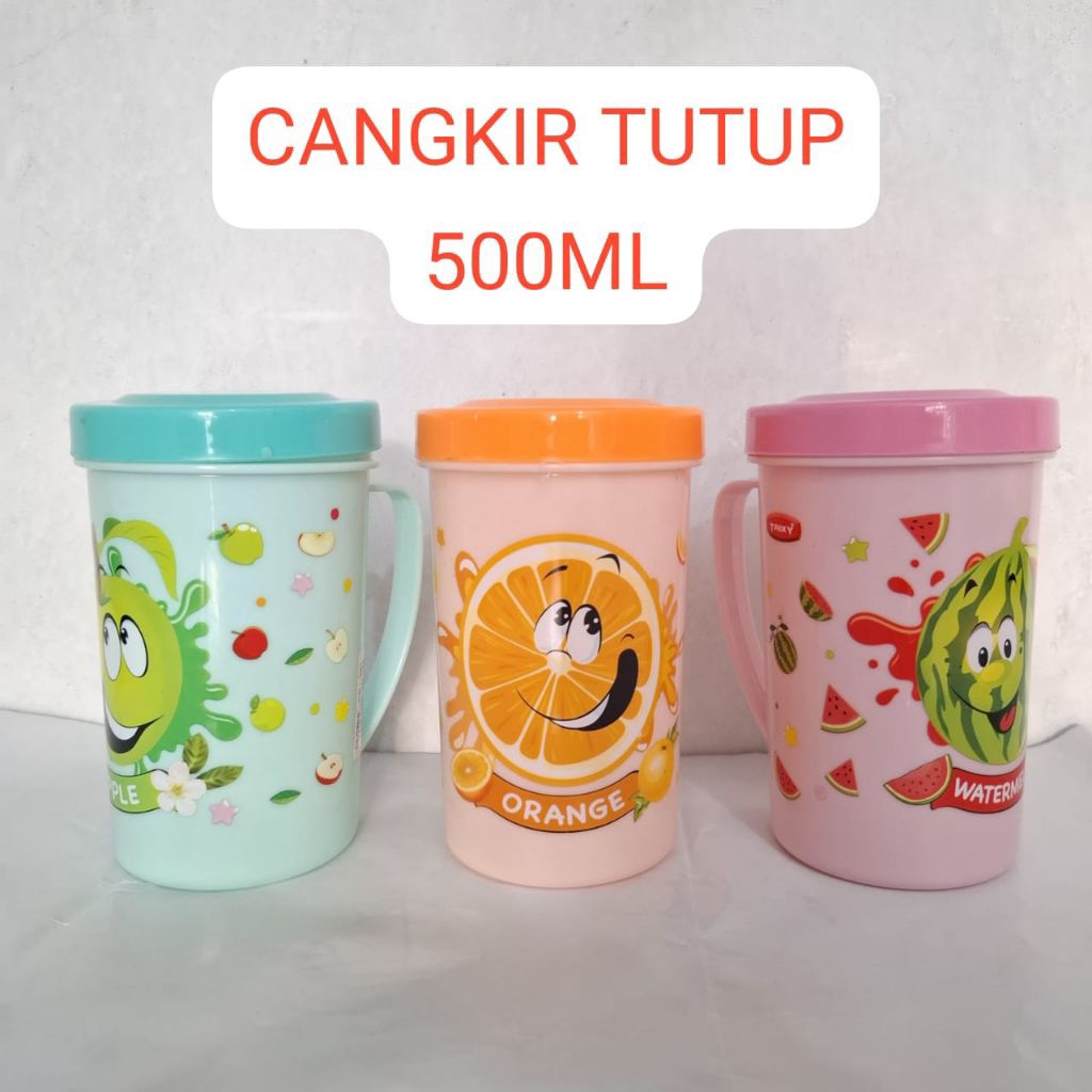 Cangkir Plastik + Tutup / Mug Plastik + Tutup / Gelas Cangkir 500ml